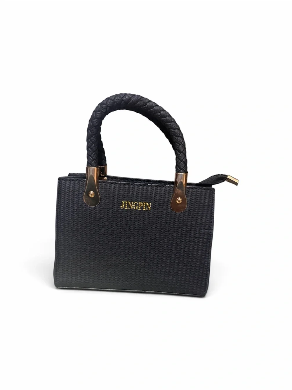 Black Woven Satchel with Braided Top Handle